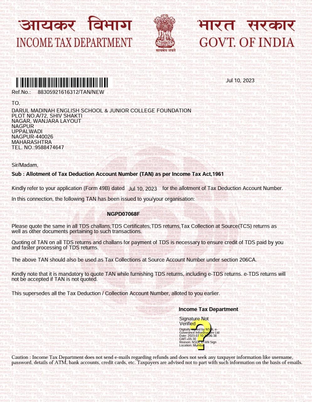 TAN NO CERTIFICATE